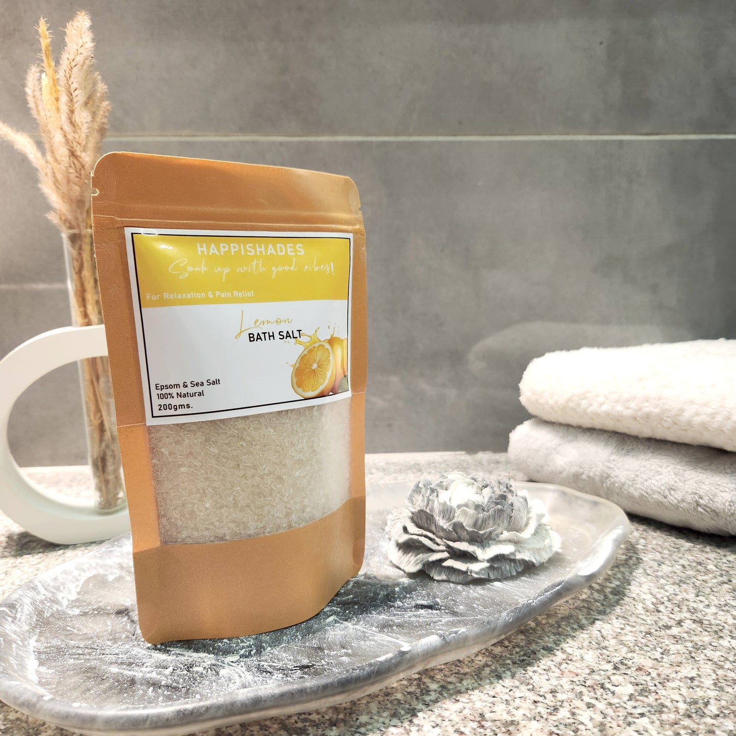 Happishades Bath Salt | For Body & Foot Spa, Calming, Relaxing, Muscle Aches Pain Relief, Aromatherapy | Pure & Natural Epsom, Sea Salt, Botanicals & Essential Oils - 200 grams