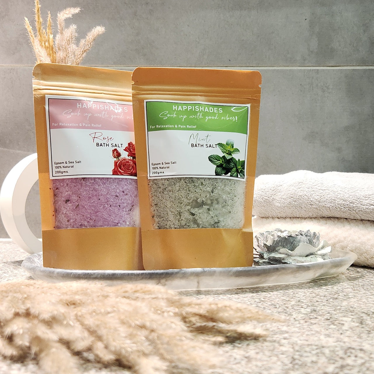 Happishades Bath Salt | For Body & Foot Spa, Calming, Relaxing, Muscle Aches Pain Relief, Aromatherapy | Pure & Natural Epsom, Sea Salt, Botanicals & Essential Oils - 200 grams