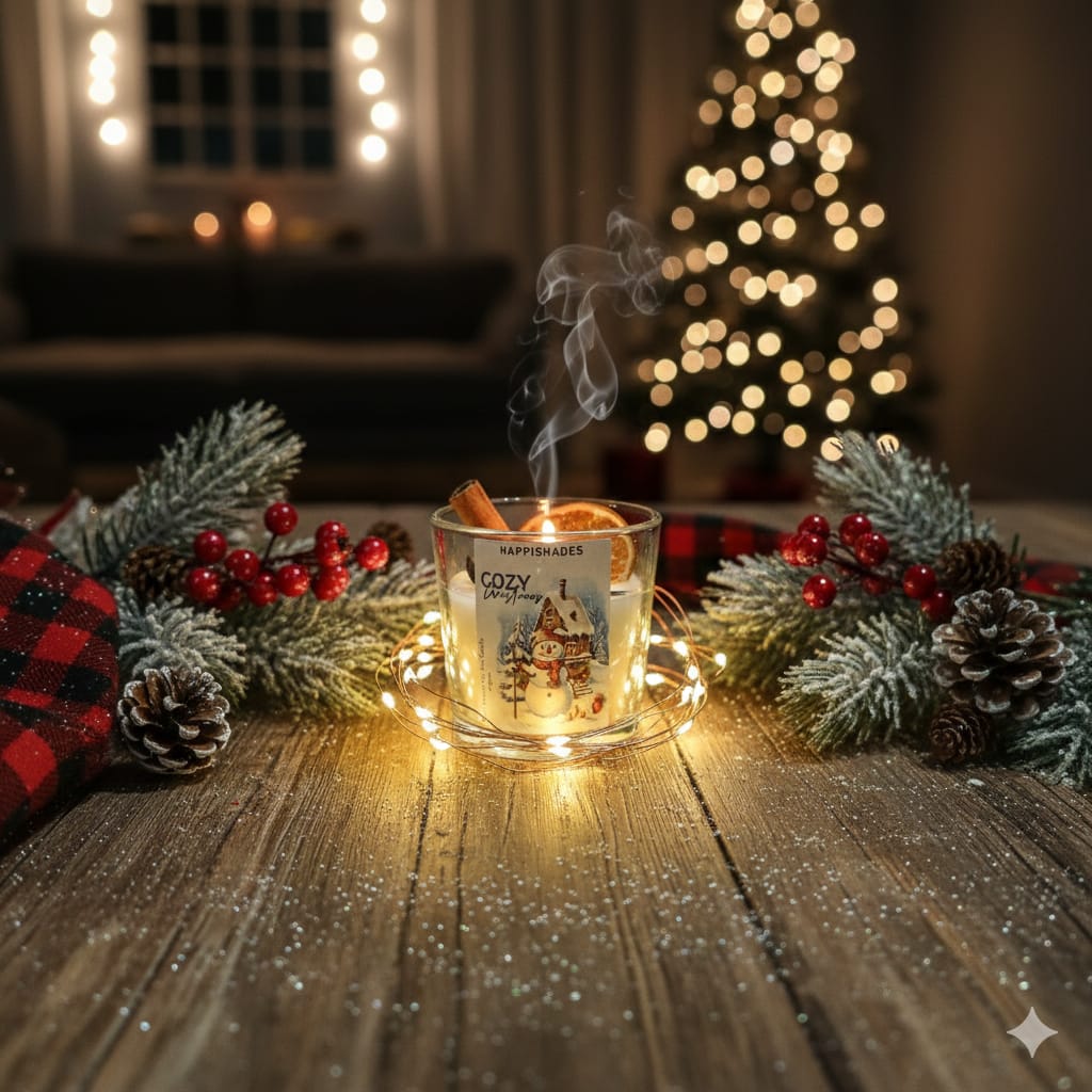 HAPPISHADES Cozy Christmas Scented Candle | Winter Holiday Spice & Cinnamon | Rustic Home Decor & Stocking Stuffer | Small 50g Glass Jar