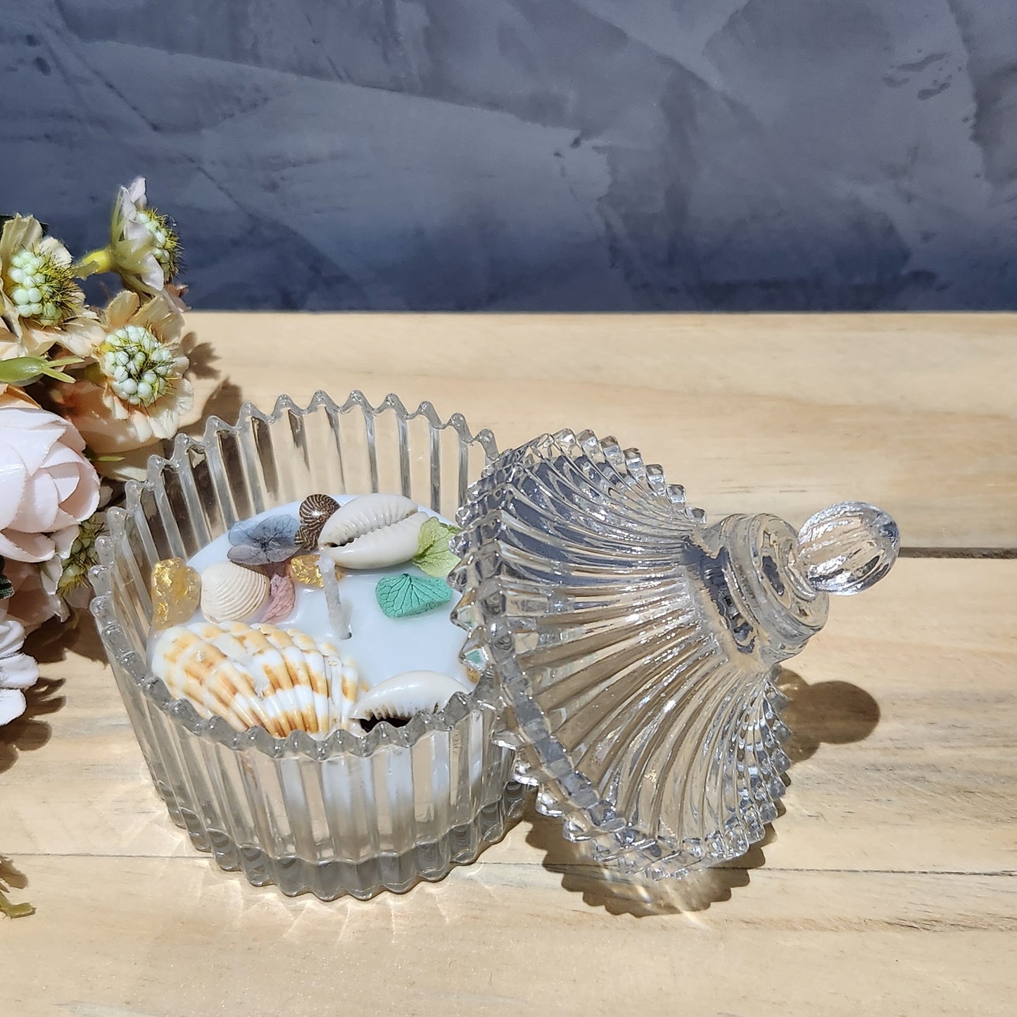 Trinket Jar Scented Candle, Cool Water Fragrance, Ocean Fresh Mystic Scent with Golden Stones & Pebels | Valentines Gifting, House Warming Gift