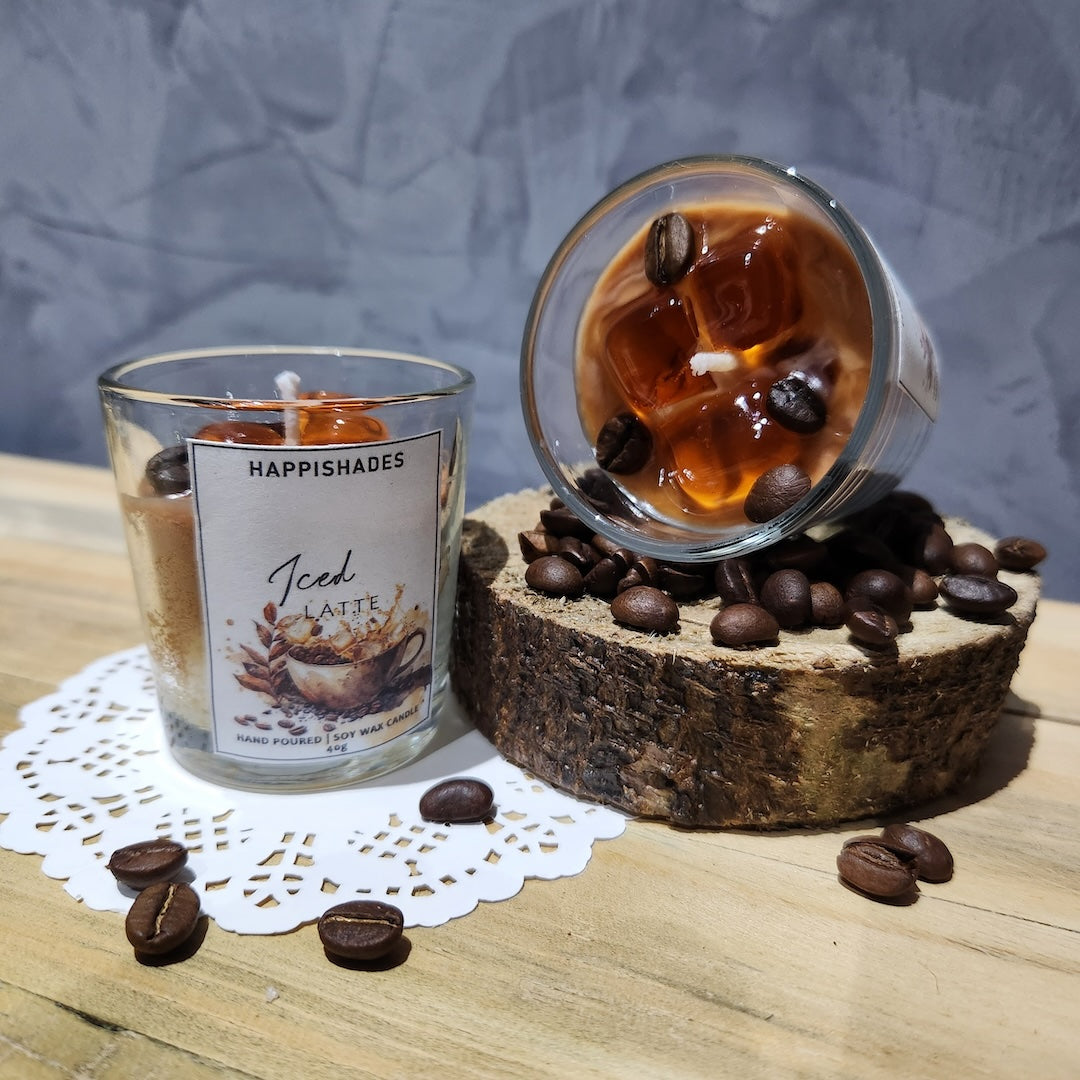 Happishades Iced Coffee Latte Scented Candle Clear Glass Scented Soy Wax Candle Aromatic Cold Coffee Fragrance | Unique Gift | Home Décor