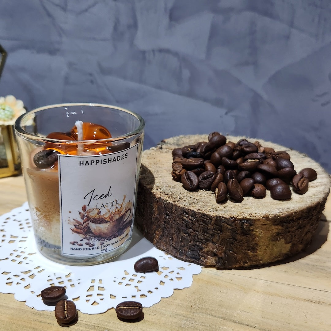 Happishades Iced Coffee Latte Scented Candle Clear Glass Scented Soy Wax Candle Aromatic Cold Coffee Fragrance | Unique Gift | Home Décor