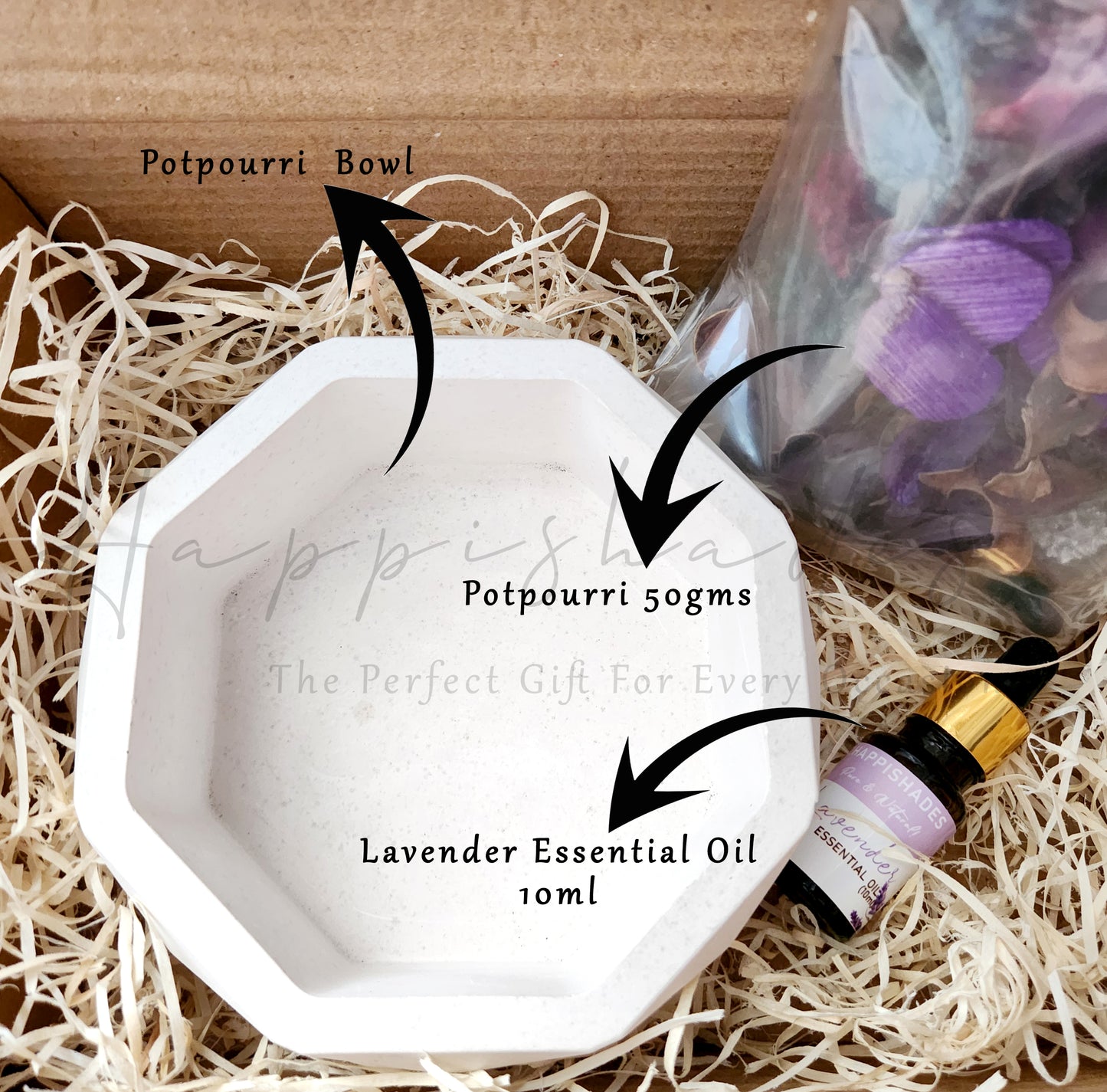 Happishades Decorative Potpourri Gift Set with Bowl, 50g Dried Flowers and 10ml Essential Oil (Potpourri refresher)