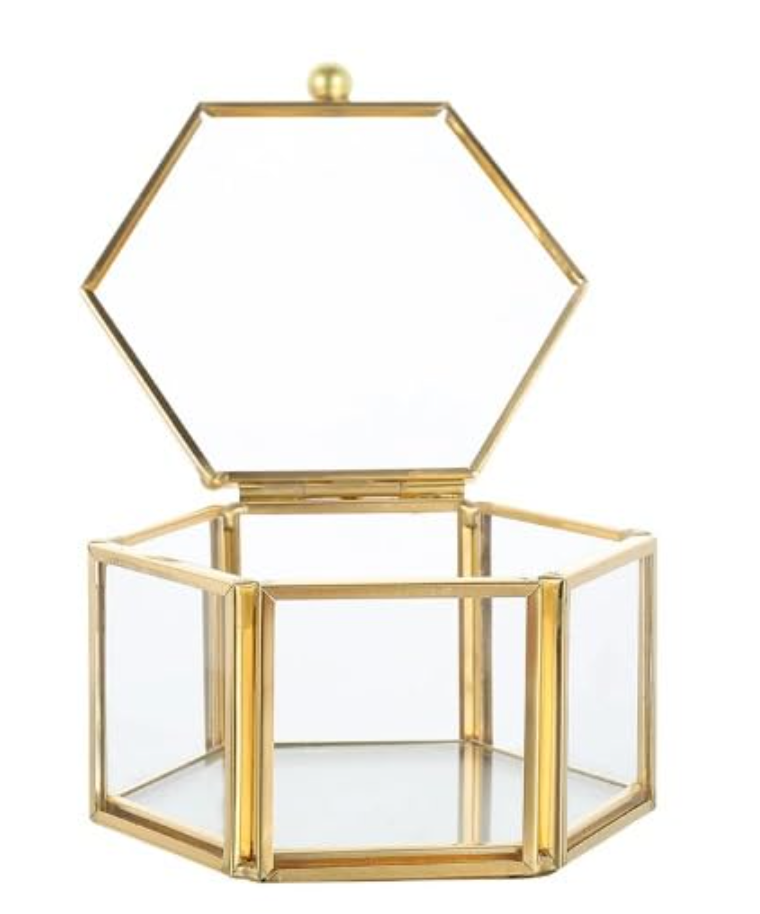 Happishades Vintage Hexagon Glass Jewellery Box with Brass Frame, 2.5 x 2.5 x 1.5 Inch, Decorative Storage Organiser and Holder for Ring, Earrings, Gifting, Ring Platters, Vanity Box, Metal Keepsake.