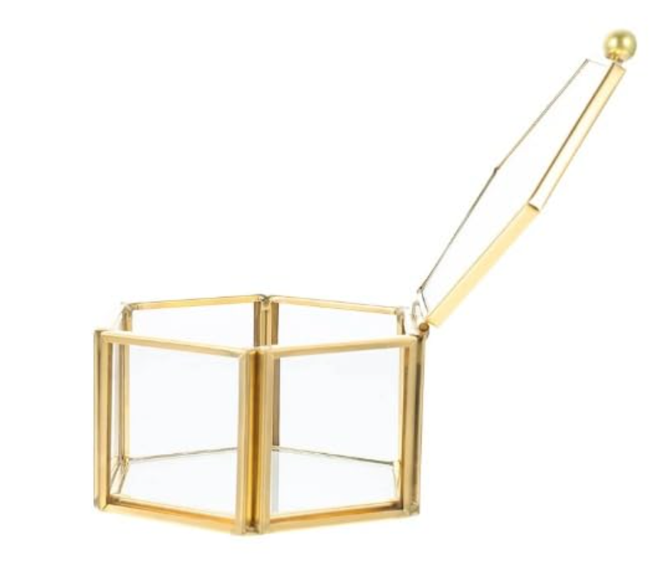 Happishades Vintage Hexagon Glass Jewellery Box with Brass Frame, 2.5 x 2.5 x 1.5 Inch, Decorative Storage Organiser and Holder for Ring, Earrings, Gifting, Ring Platters, Vanity Box, Metal Keepsake.