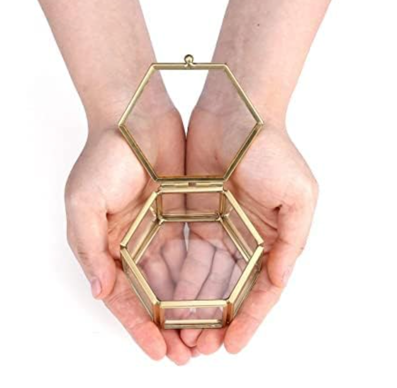 Happishades Vintage Hexagon Glass Jewellery Box with Brass Frame, 2.5 x 2.5 x 1.5 Inch, Decorative Storage Organiser and Holder for Ring, Earrings, Gifting, Ring Platters, Vanity Box, Metal Keepsake.