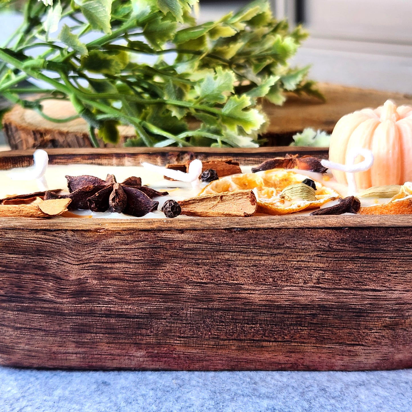 Happishades Handcrafted Wooden Bowl Soy Wax Candle, Pumpkin Spice Scented, 225g, Dried Orange, Pumpkin Candle & Spice Decor