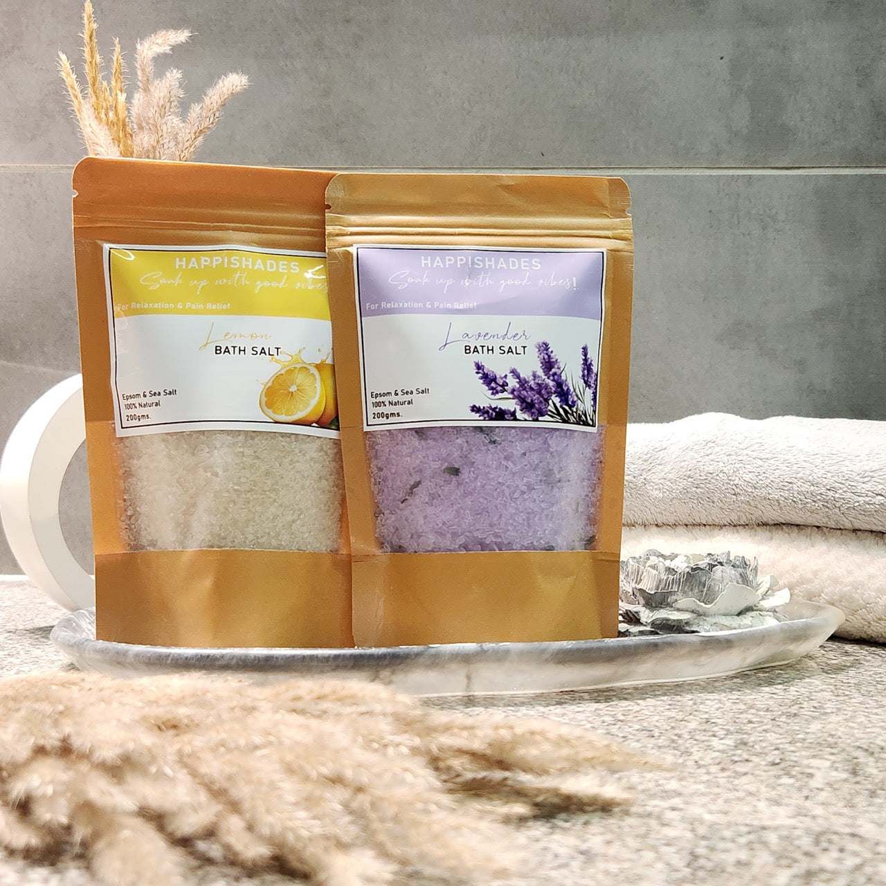 Happishades Bath Salt | For Body & Foot Spa, Calming, Relaxing, Muscle Aches Pain Relief, Aromatherapy | Pure & Natural Epsom, Sea Salt, Botanicals & Essential Oils - 200 grams