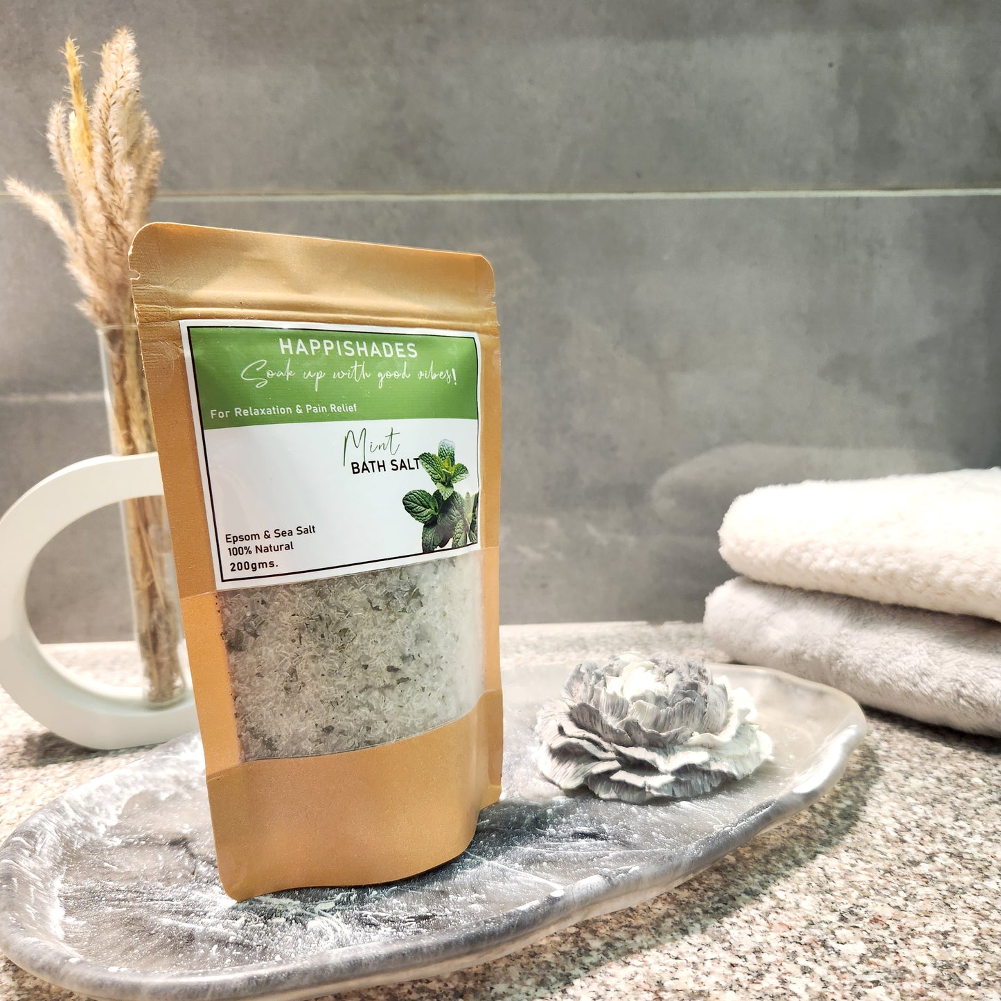 Happishades Bath Salt | For Body & Foot Spa, Calming, Relaxing, Muscle Aches Pain Relief, Aromatherapy | Pure & Natural Epsom, Sea Salt, Botanicals & Essential Oils - 200 grams