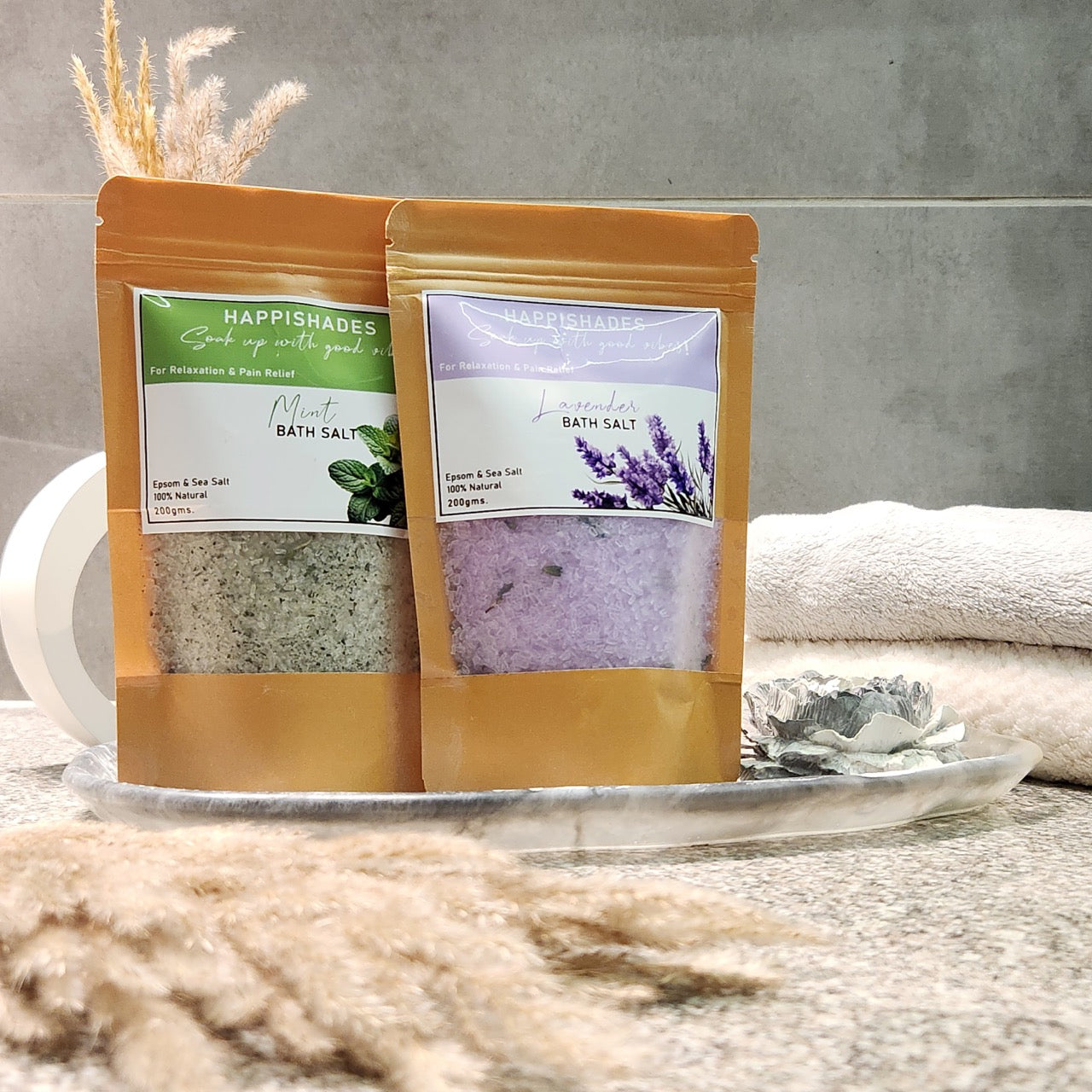 Happishades Bath Salt | For Body & Foot Spa, Calming, Relaxing, Muscle Aches Pain Relief, Aromatherapy | Pure & Natural Epsom, Sea Salt, Botanicals & Essential Oils - 200 grams