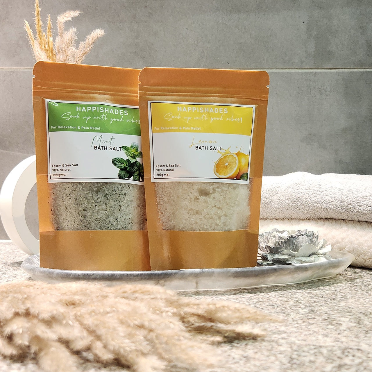 Happishades Bath Salt | For Body & Foot Spa, Calming, Relaxing, Muscle Aches Pain Relief, Aromatherapy | Pure & Natural Epsom, Sea Salt, Botanicals & Essential Oils - 200 grams