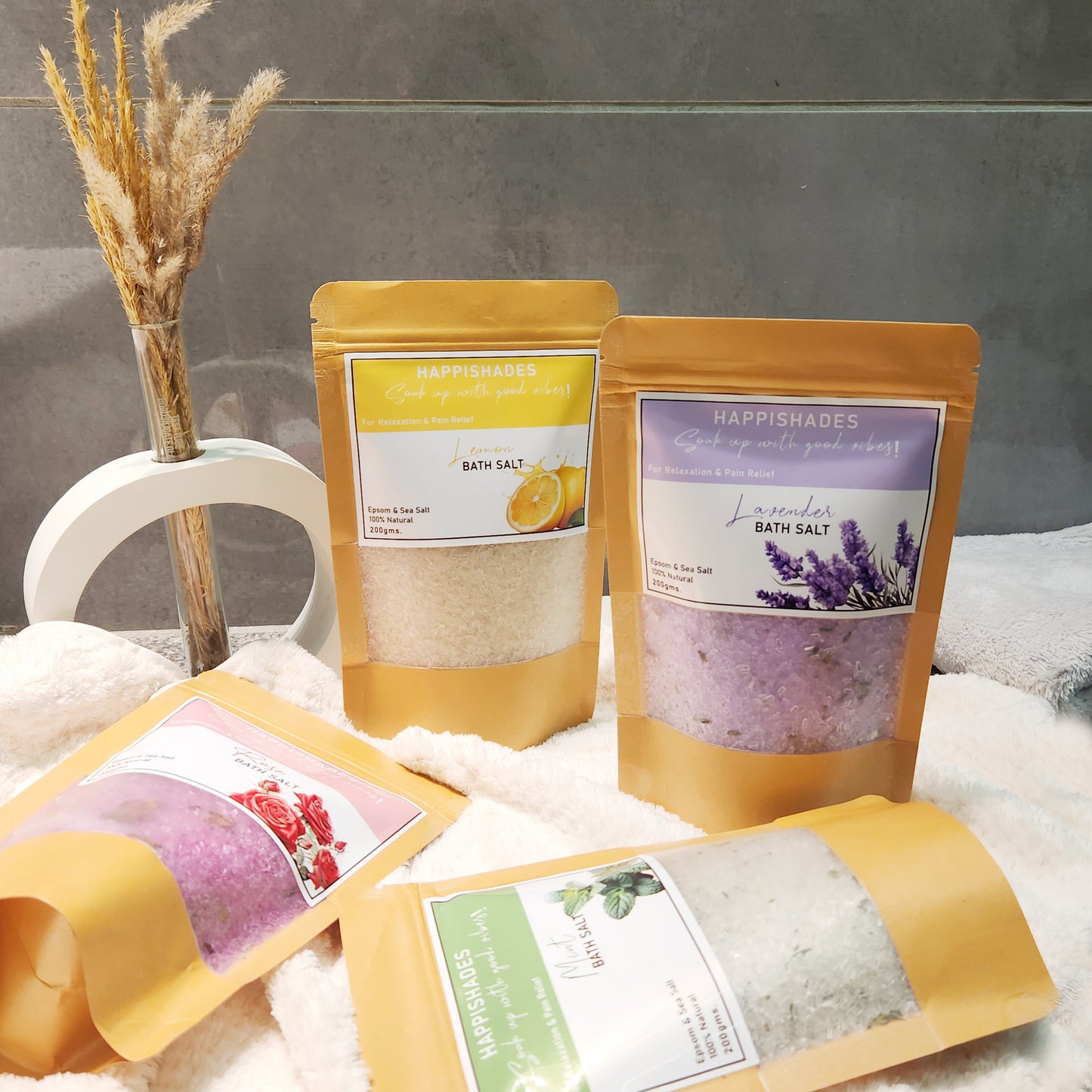 Happishades Bath Salt | For Body & Foot Spa, Calming, Relaxing, Muscle Aches Pain Relief, Aromatherapy | Pure & Natural Epsom, Sea Salt, Botanicals & Essential Oils - 200 grams