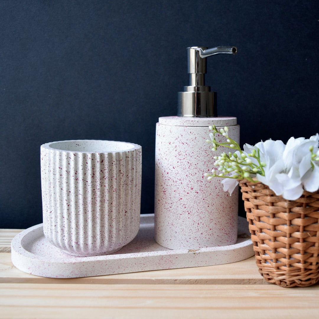 Dot Pattern Bathroom Set of Tray, Soap Dispenser and Brush Holder