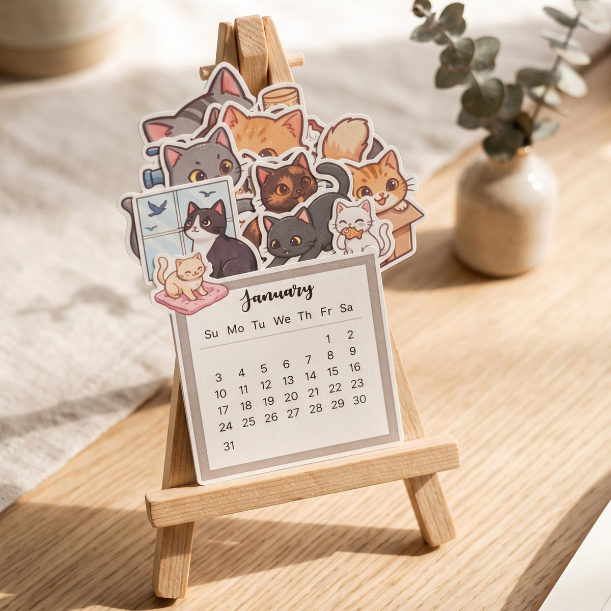 Happishades Pet Kitty Themed 2027 Desk Calendar with Wooden Display Easel