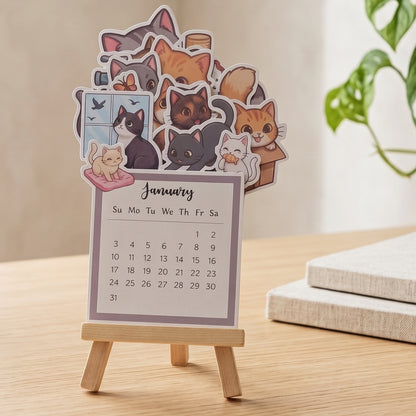 Happishades Pet Kitty Themed 2027 Desk Calendar with Wooden Display Easel