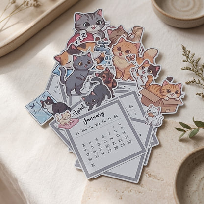 Happishades Pet Kitty Themed 2027 Desk Calendar with Wooden Display Easel