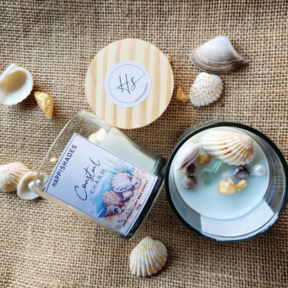 Happishades Premium Coastal Charm Scented Candle in a Clear Transparent Jar | Soy Wax Scented Candle | Unique Gift | Beautiful Decorative Beach Themed Candle | Ideal for Parties, Gifting, Home Décor - Ocean Breeze Fragrance