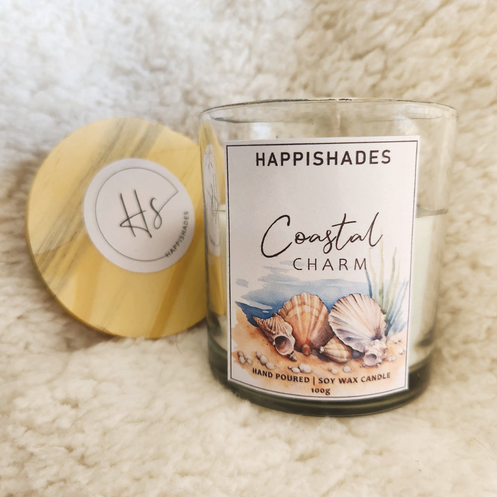 Happishades Premium Coastal Charm Scented Candle in a Clear Transparent Jar | Soy Wax Scented Candle | Unique Gift | Beautiful Decorative Beach Themed Candle | Ideal for Parties, Gifting, Home Décor - Ocean Breeze Fragrance