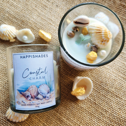 Happishades Premium Coastal Charm Scented Candle in a Clear Transparent Jar | Soy Wax Scented Candle | Unique Gift | Beautiful Decorative Beach Themed Candle | Ideal for Parties, Gifting, Home Décor - Ocean Breeze Fragrance