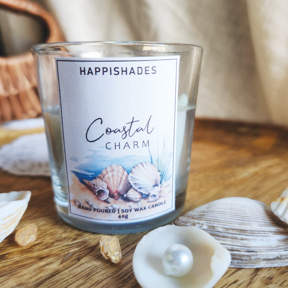 Happishades Premium Coastal Charm Scented Candle in a Clear Transparent Jar | Soy Wax Scented Candle | Unique Gift | Beautiful Decorative Beach Themed Candle | Ideal for Parties, Gifting, Home Décor - Ocean Breeze Fragrance