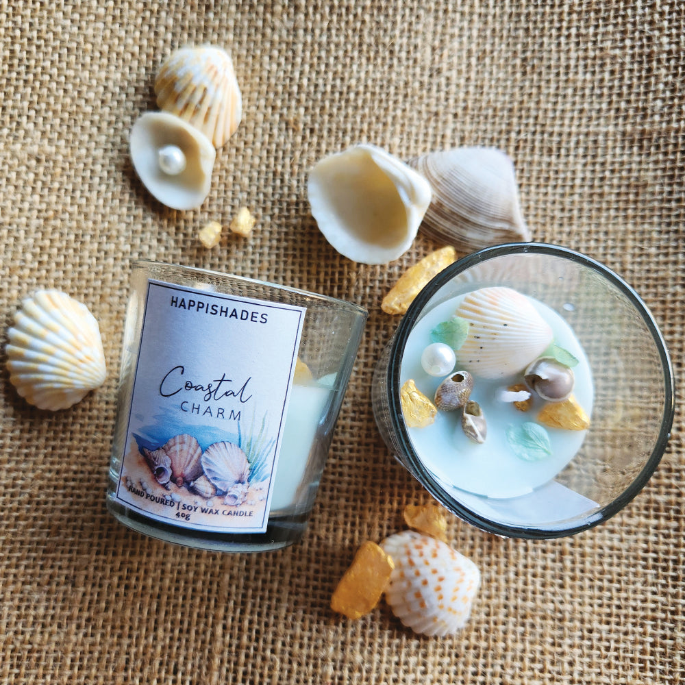 Happishades Premium Coastal Charm Scented Candle in a Clear Transparent Jar | Soy Wax Scented Candle | Unique Gift | Beautiful Decorative Beach Themed Candle | Ideal for Parties, Gifting, Home Décor - Ocean Breeze Fragrance