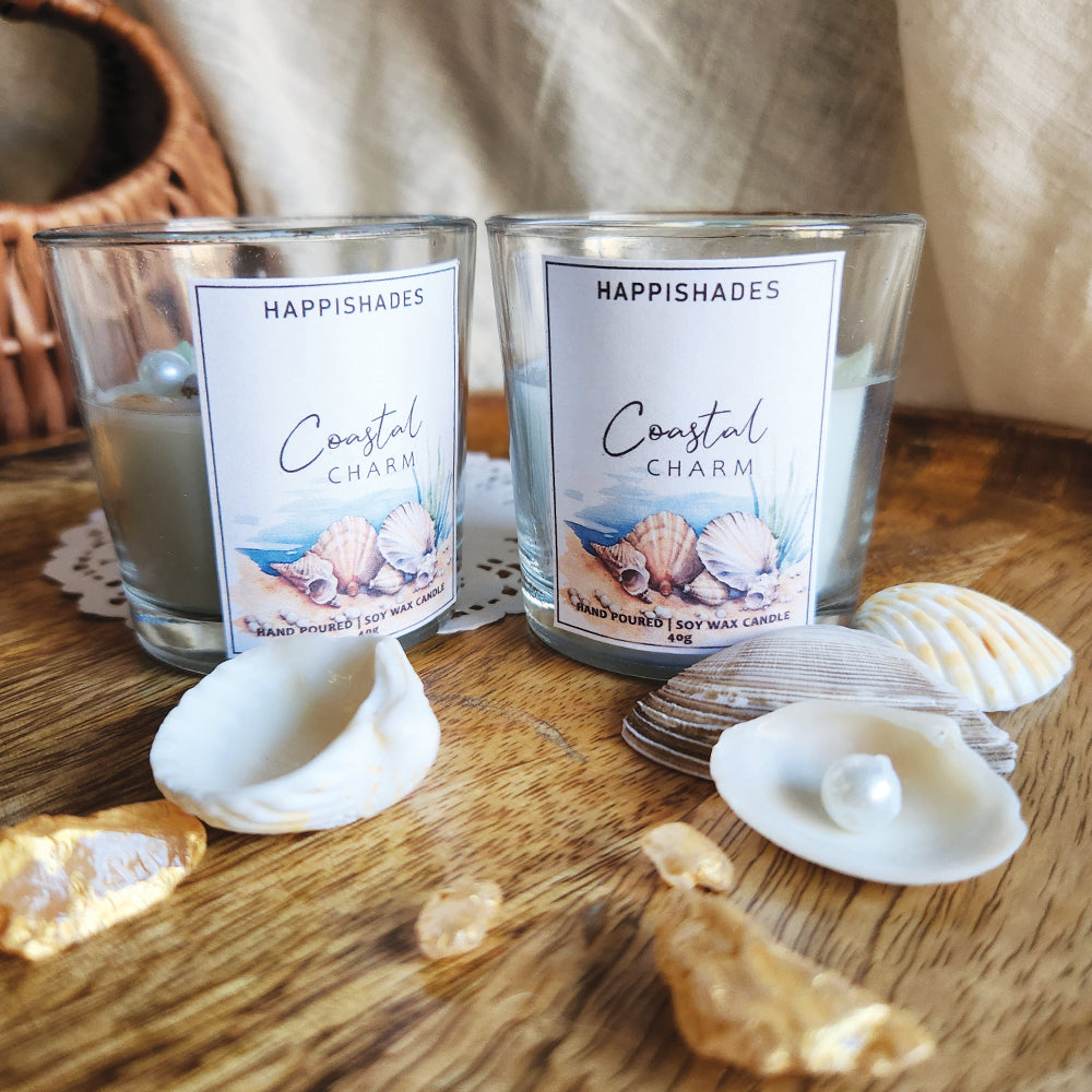 Happishades Premium Coastal Charm Scented Candle in a Clear Transparent Jar | Soy Wax Scented Candle | Unique Gift | Beautiful Decorative Beach Themed Candle | Ideal for Parties, Gifting, Home Décor - Ocean Breeze Fragrance