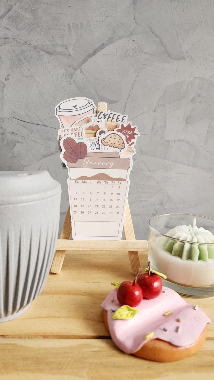 "Let's Make A Coffee" Desk Calendar | Cute Coffee Cup & Pastry Theme | Mini Monthly Flip Calendar for Office & Home Decor