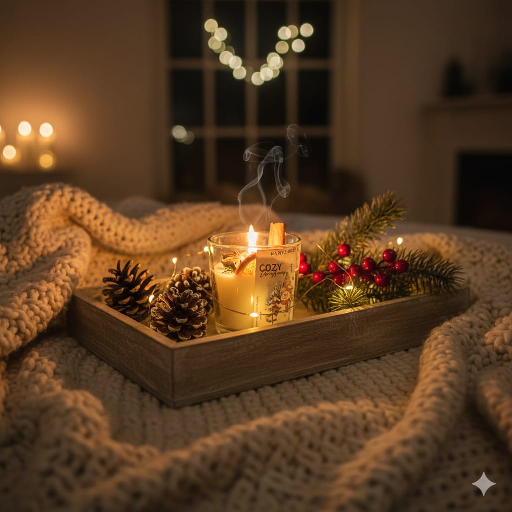 HAPPISHADES Cozy Christmas Scented Candle | Winter Holiday Spice & Cinnamon | Rustic Home Decor & Stocking Stuffer | Small 50g Glass Jar