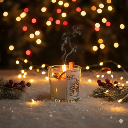 HAPPISHADES Cozy Christmas Scented Candle | Winter Holiday Spice & Cinnamon | Rustic Home Decor & Stocking Stuffer | Small 50g Glass Jar
