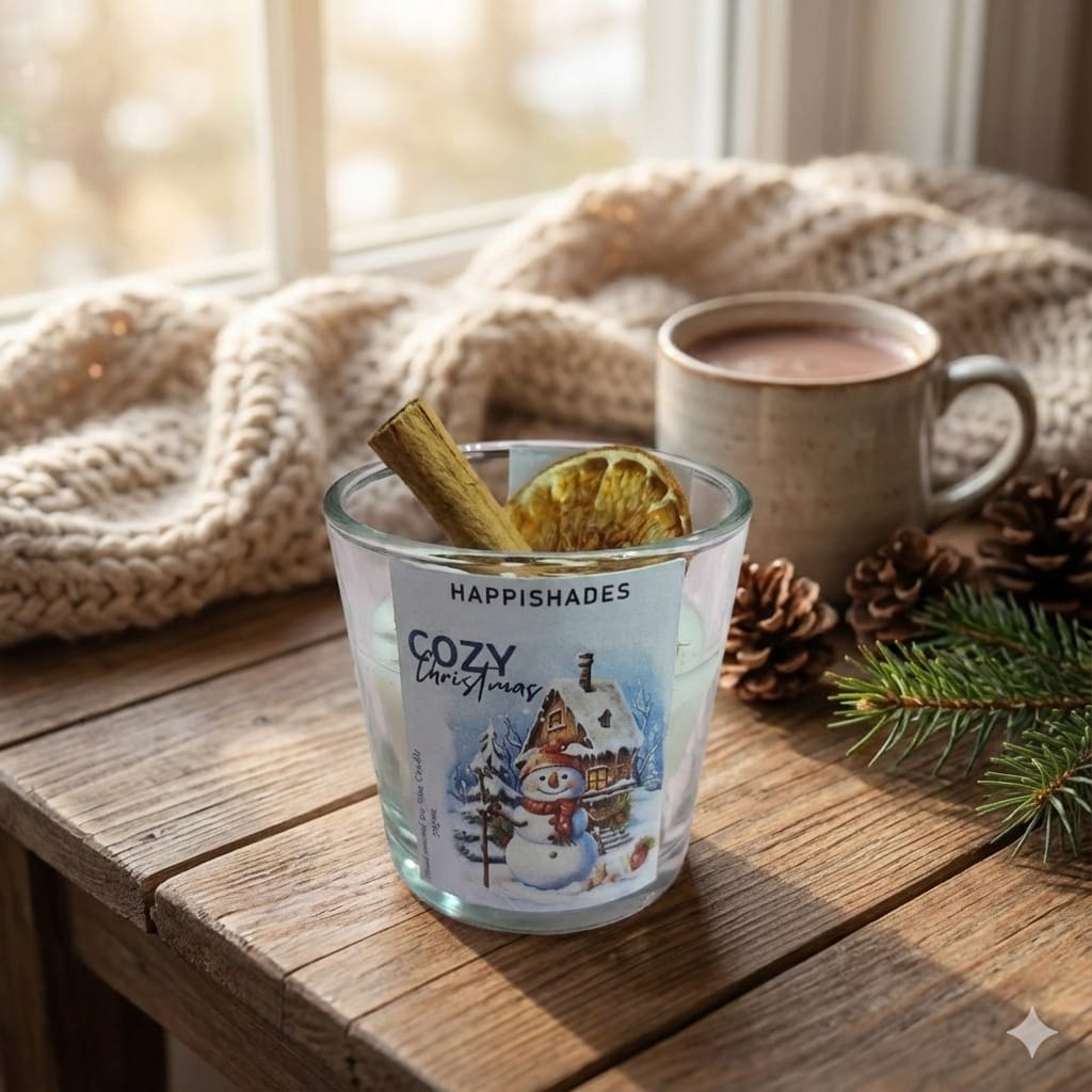 HAPPISHADES Cozy Christmas Scented Candle | Winter Holiday Spice & Cinnamon | Rustic Home Decor & Stocking Stuffer | Small 50g Glass Jar