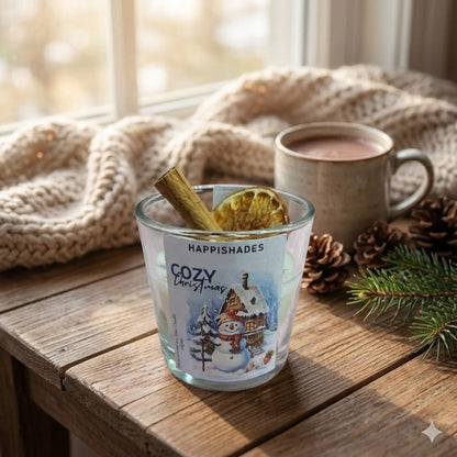 HAPPISHADES Cozy Christmas Scented Candle | Winter Holiday Spice & Cinnamon | Rustic Home Decor & Stocking Stuffer | Small 50g Glass Jar