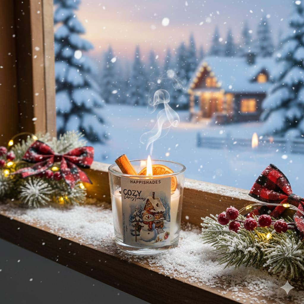 HAPPISHADES Cozy Christmas Scented Candle | Winter Holiday Spice & Cinnamon | Rustic Home Decor & Stocking Stuffer | Small 50g Glass Jar