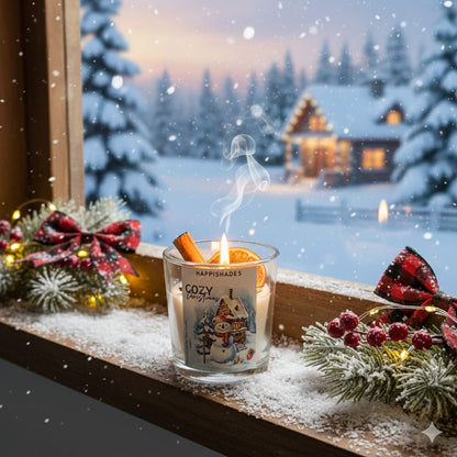 HAPPISHADES Cozy Christmas Scented Candle | Winter Holiday Spice & Cinnamon | Rustic Home Decor & Stocking Stuffer | Small 50g Glass Jar