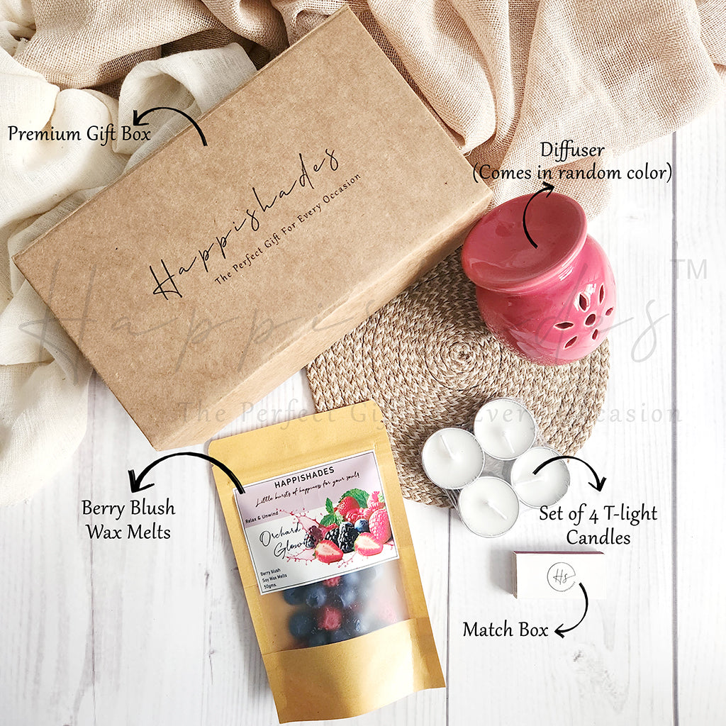 Happishades Aroma Diffuser Gift Set - Ceramic Diffuser, Scented Wax melts and 4 Tea light Candles in a Gift Hamper Box