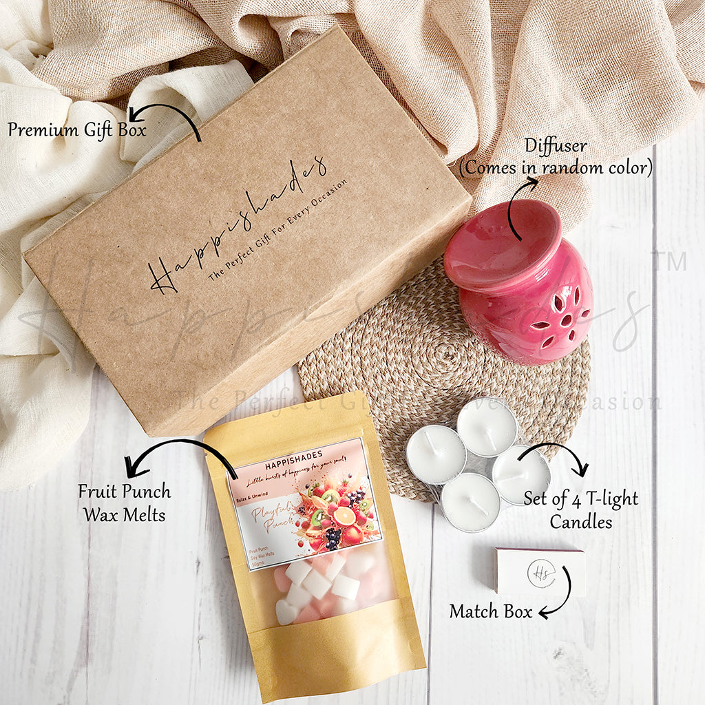 Happishades Aroma Diffuser Gift Set - Ceramic Diffuser, Scented Wax melts and 4 Tea light Candles in a Gift Hamper Box