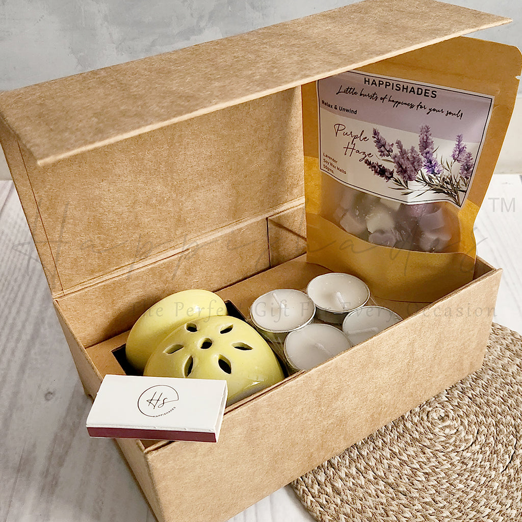 Happishades Aroma Diffuser Gift Set - Ceramic Diffuser, Scented Wax melts and 4 Tea light Candles in a Gift Hamper Box
