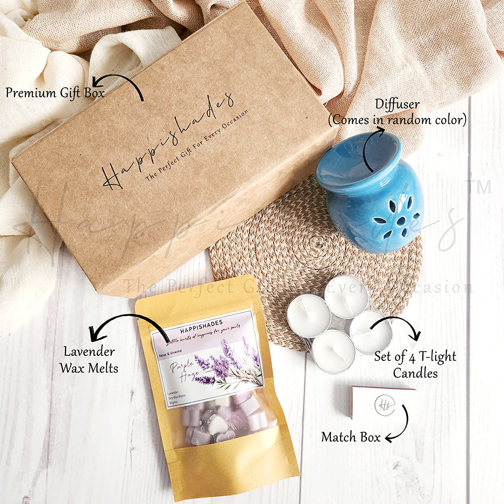 Happishades Aroma Diffuser Gift Set - Ceramic Diffuser, Scented Wax melts and 4 Tea light Candles in a Gift Hamper Box