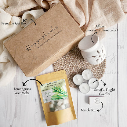 Happishades Aroma Diffuser Gift Set - Ceramic Diffuser, Scented Wax melts and 4 Tea light Candles in a Gift Hamper Box