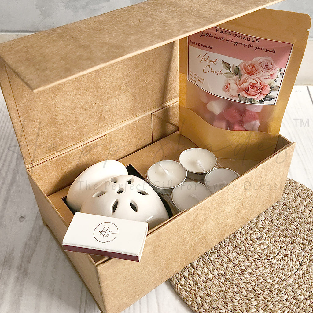 Happishades Aroma Diffuser Gift Set - Ceramic Diffuser, Scented Wax melts and 4 Tea light Candles in a Gift Hamper Box