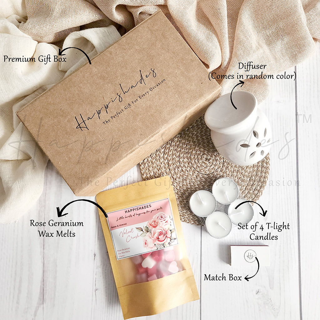 Happishades Aroma Diffuser Gift Set - Ceramic Diffuser, Scented Wax melts and 4 Tea light Candles in a Gift Hamper Box