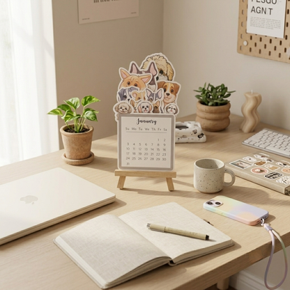 Happishades™ Pet Doggo Themed 2027 Desk Calendar with Wooden Display Easel