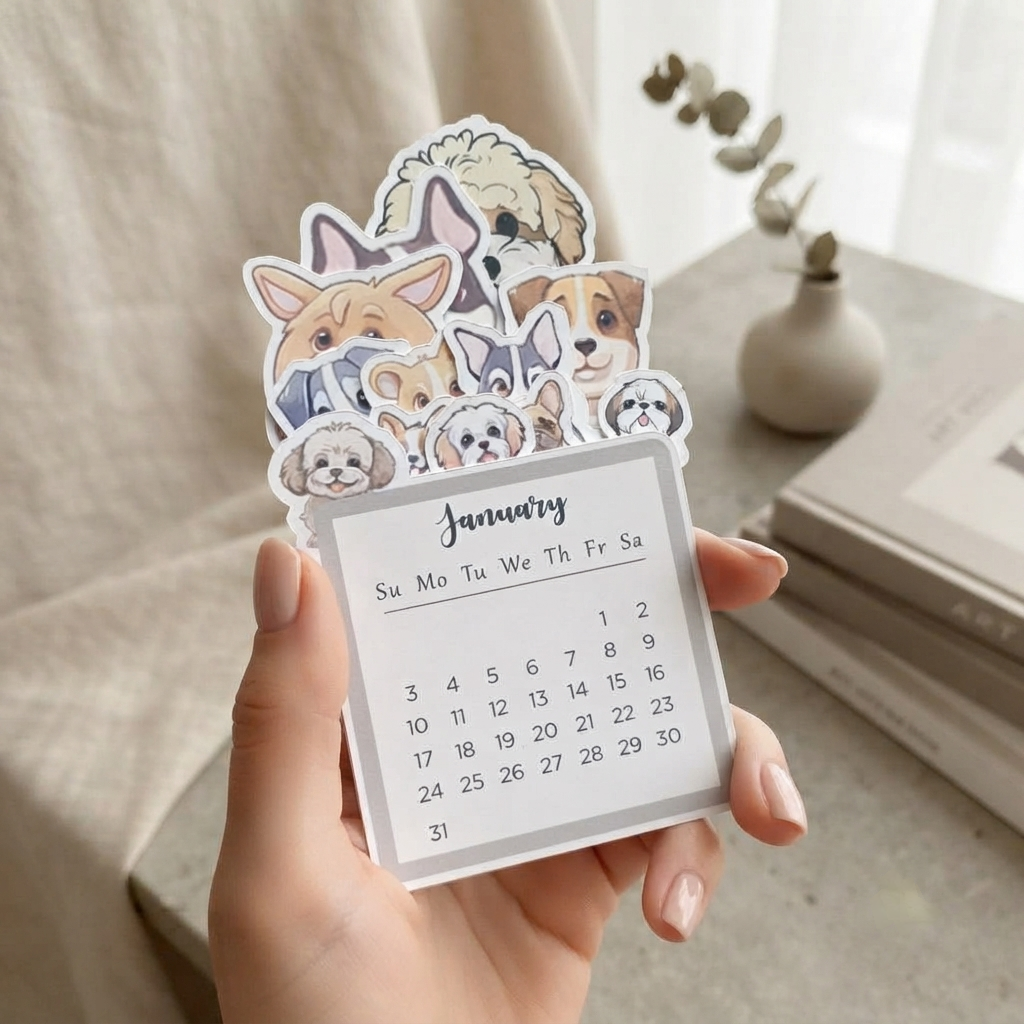 Happishades™ Pet Doggo Themed 2027 Desk Calendar with Wooden Display Easel