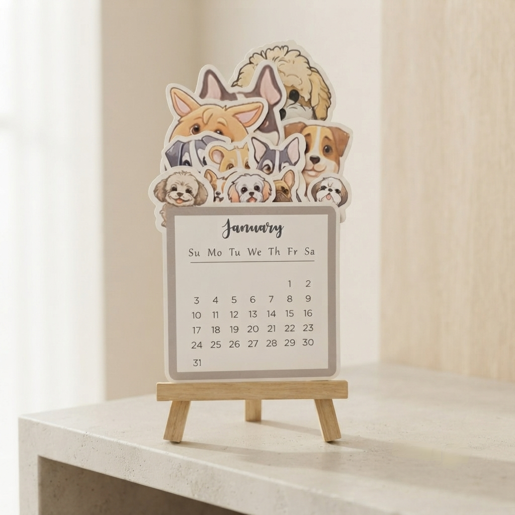 Happishades™ Pet Doggo Themed 2027 Desk Calendar with Wooden Display Easel