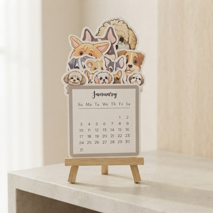 Happishades™ Pet Doggo Themed 2027 Desk Calendar with Wooden Display Easel