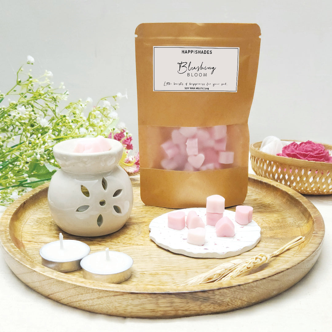 Wax Melts Set - Diffuser, Blushing Bloom Scented Wax Warmer and 4 Tea light Candles (Rose)