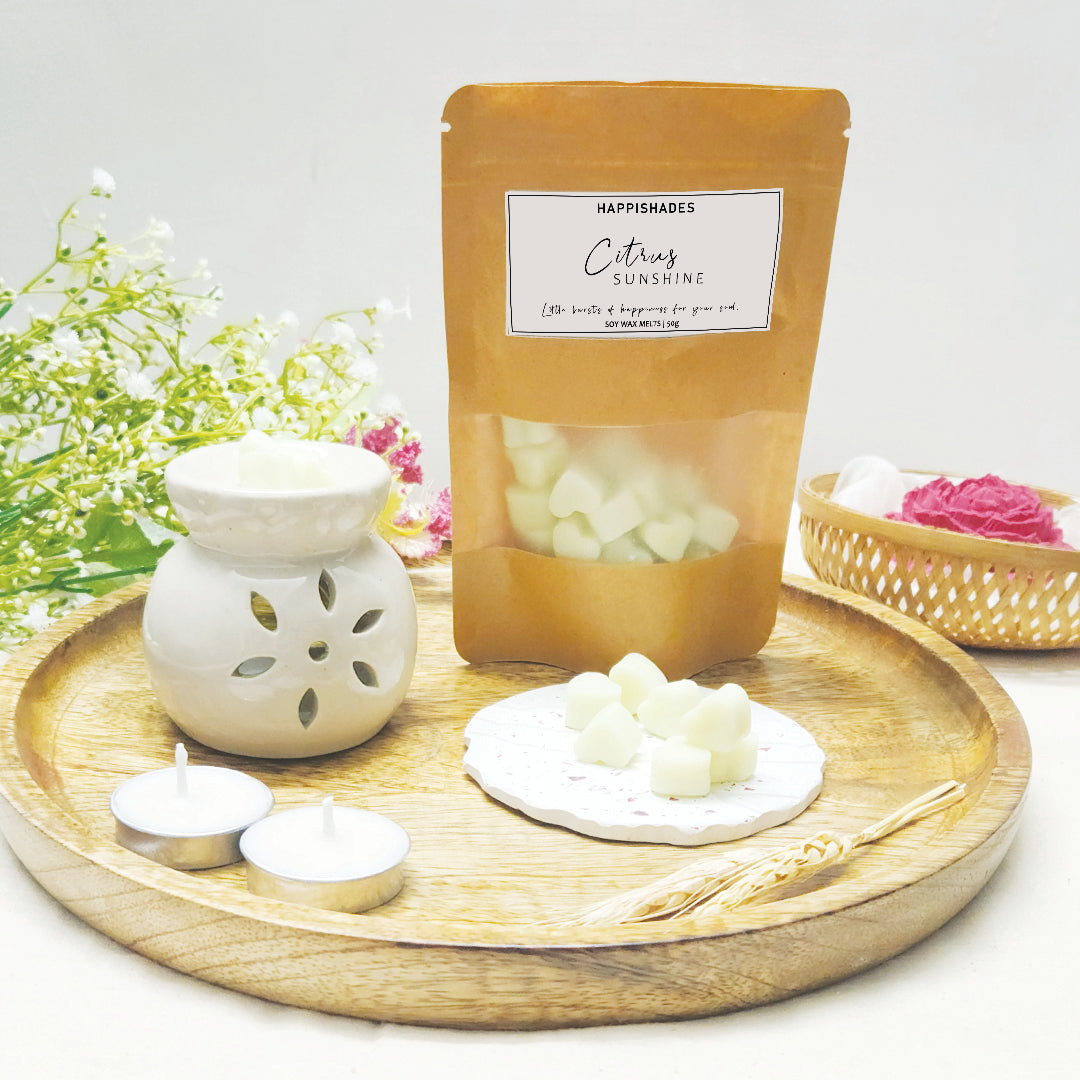 Wax Melts Set - Diffuser, Citrus Sunshine Scented Wax Warmer and 4 Tea light Candles (LemonGrass)