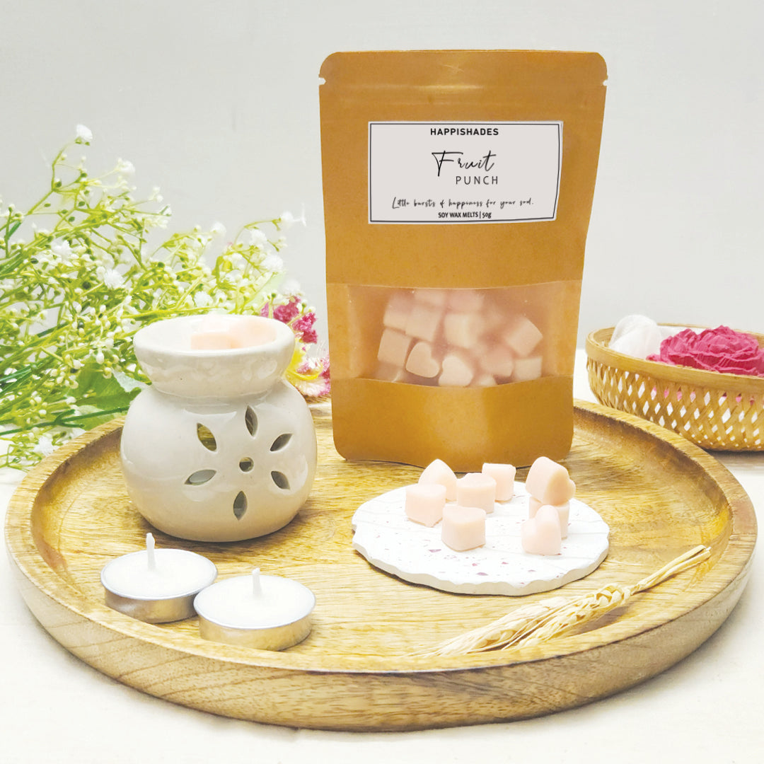 Wax Melts Set - Diffuser, Fruit Punch Scented Wax Warmer and 4 Tea light Candles (Fruit)