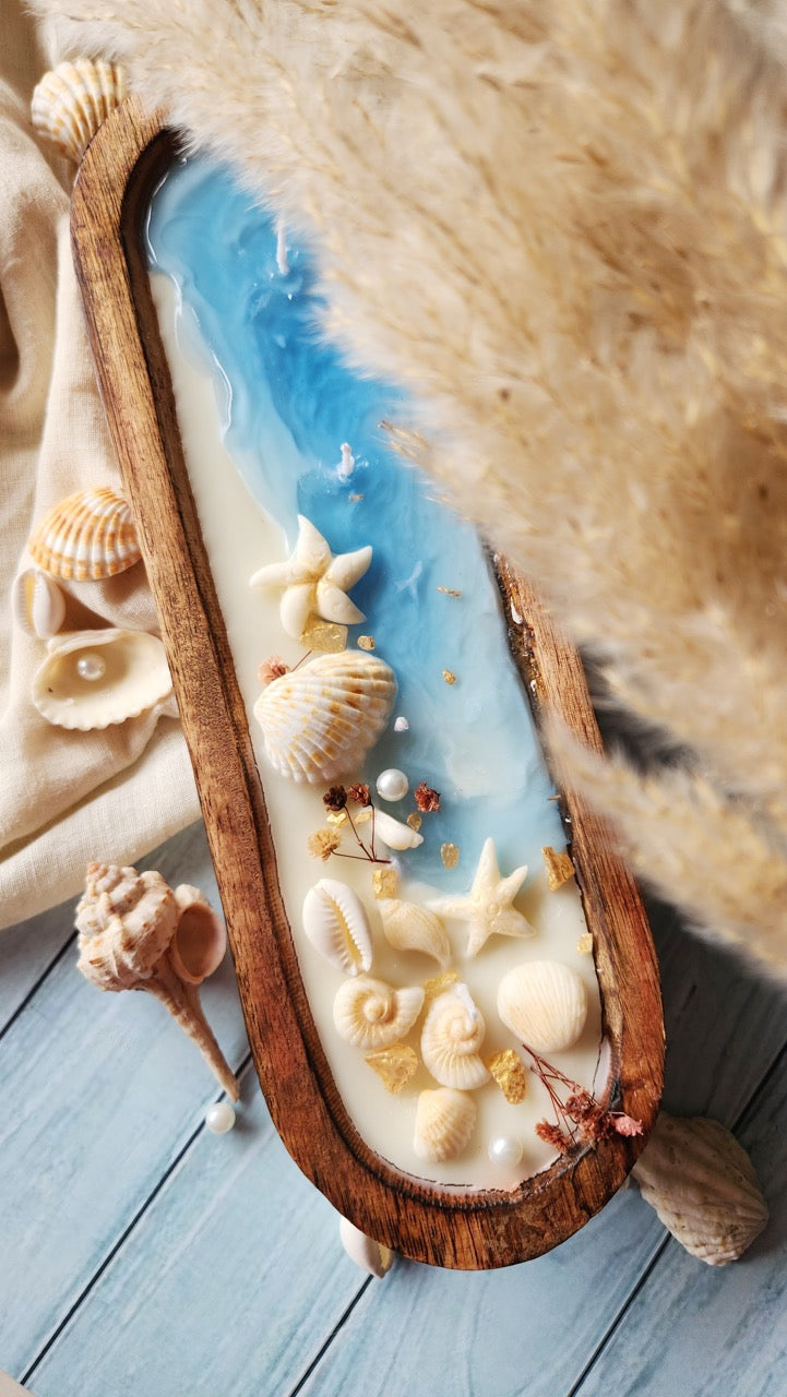 Happishades Handcrafted Wooden Bowl Candle (Fresh & Mystic Fragrance) - 4 Wicked Beach Theme | Decorative Seashell, Blue and White Coastal Theme Candles | Home Decor, Gifting, Table Show Piece