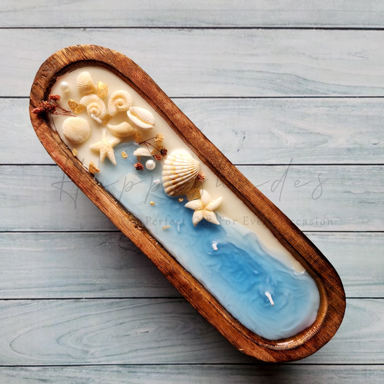 Happishades Handcrafted Wooden Bowl Candle (Fresh & Mystic Fragrance) - 4 Wicked Beach Theme | Decorative Seashell, Blue and White Coastal Theme Candles | Home Decor, Gifting, Table Show Piece