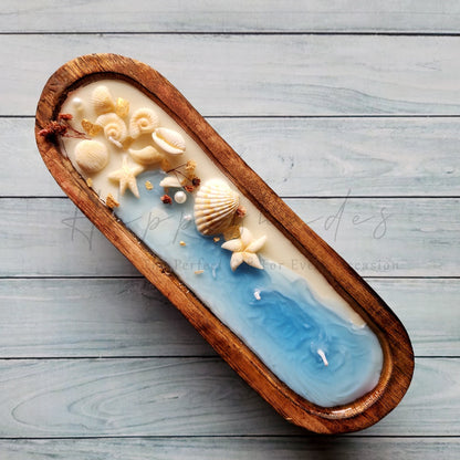 Happishades Handcrafted Wooden Bowl Candle (Fresh & Mystic Fragrance) - 4 Wicked Beach Theme | Decorative Seashell, Blue and White Coastal Theme Candles | Home Decor, Gifting, Table Show Piece